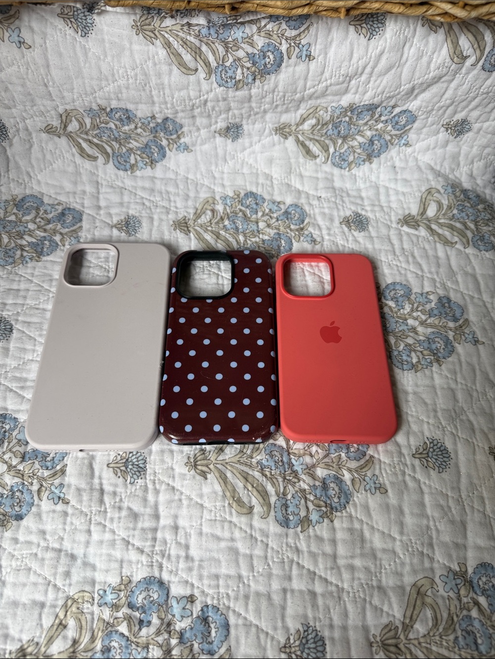 Apple iPhone Silicone Cases Trio in Coral, Cream & Brown Polka Dot